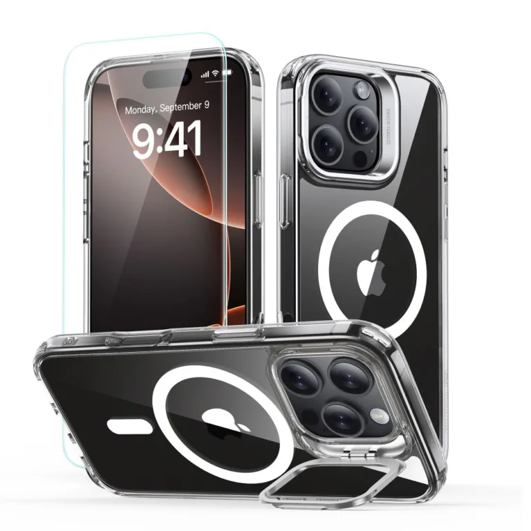 ESR Classic Hybrid HaloLock Kickstand telefontok kijelzővédővel - iPhone 16 Pro átlátszó