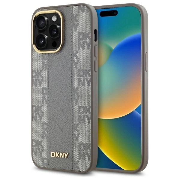 DKNY Leather Checkered Mono Pattern MagSafe telefontok - iPhone 14 Pro Max - bézs