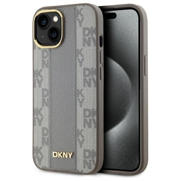 DKNY Leather Checkered Mono Pattern MagSafe telefontok - iPhone 15 Plus - bézs