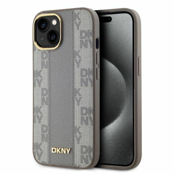 DKNY Leather Checkered Mono Pattern MagSafe telefontok - iPhone 15 - bézs