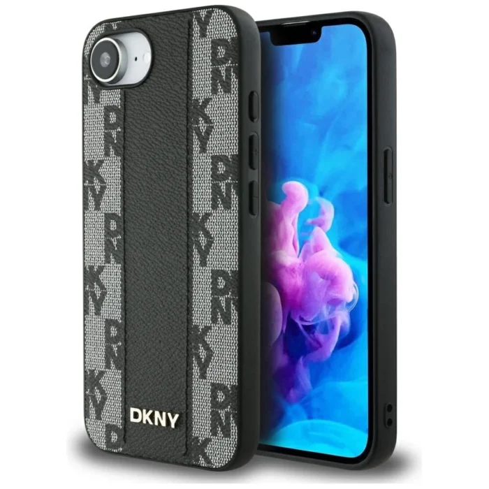 DKNY Leather Checkered Mono Pattern MagSafe telefontok - iPhone 16e - fekete