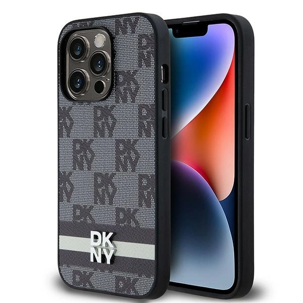 DKNY Leather Checkered Mono Pattern & Printed Stripes telefontok - iPhone 14 Pro - fekete