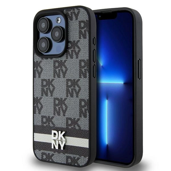 DKNY Leather Checkered Mono Pattern & Printed Stripes telefontok - iPhone 15 Pro - fekete