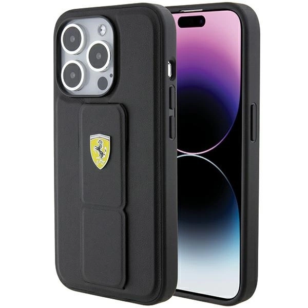 Ferrari Grip Stand Metal Logo telefontok - iPhone 15 Pro - fekete