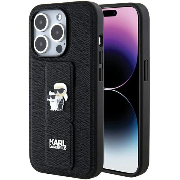 Karl Lagerfeld Gripstand Saffiano Karl&Choupette Pins telefontok - iPhone 15 Pro - fekete