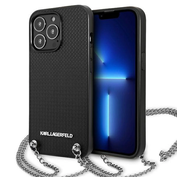 Karl Lagerfeld Leather Textured and Chain telefontok - iPhone 13 Pro Max - fekete