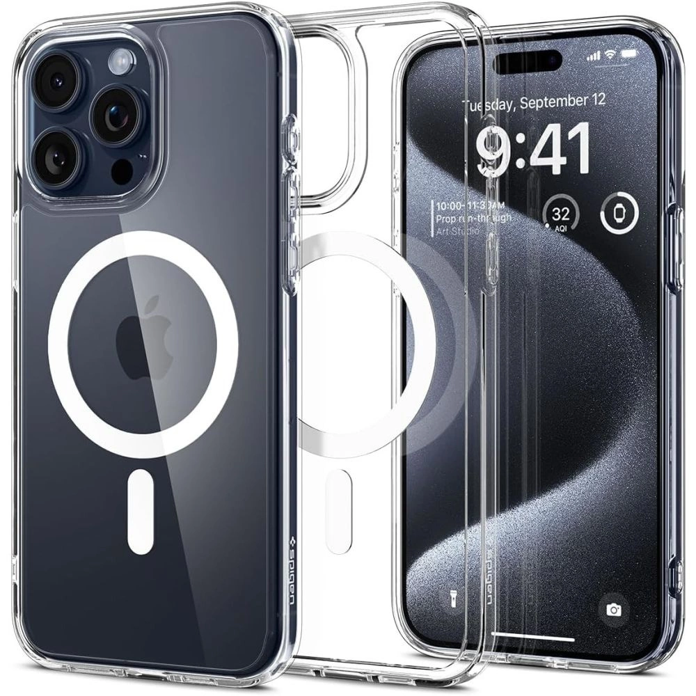 Spigen Ultra Hybrid Mag telefontok - iPhone 15 Pro - átlátszó|fehér Spigen Ultra Hybrid Mag telefontok - iPhone 15 Pro - átlátszó|fehér