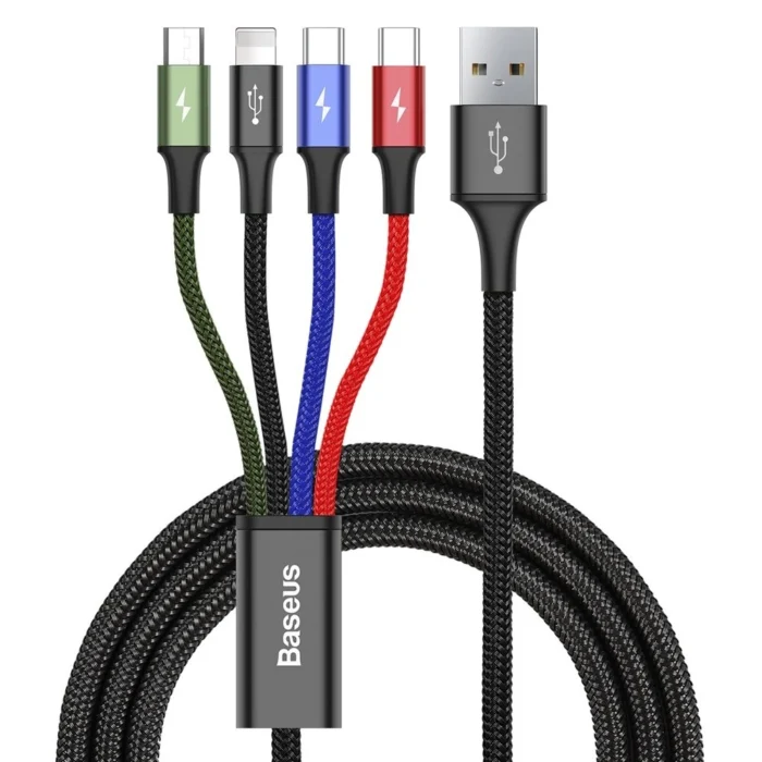 Baseus – USB 4in1 – Lightning | 2× USB-C | microUSB – fonott borítású – 3.5A – 1.2m kábel – fekete