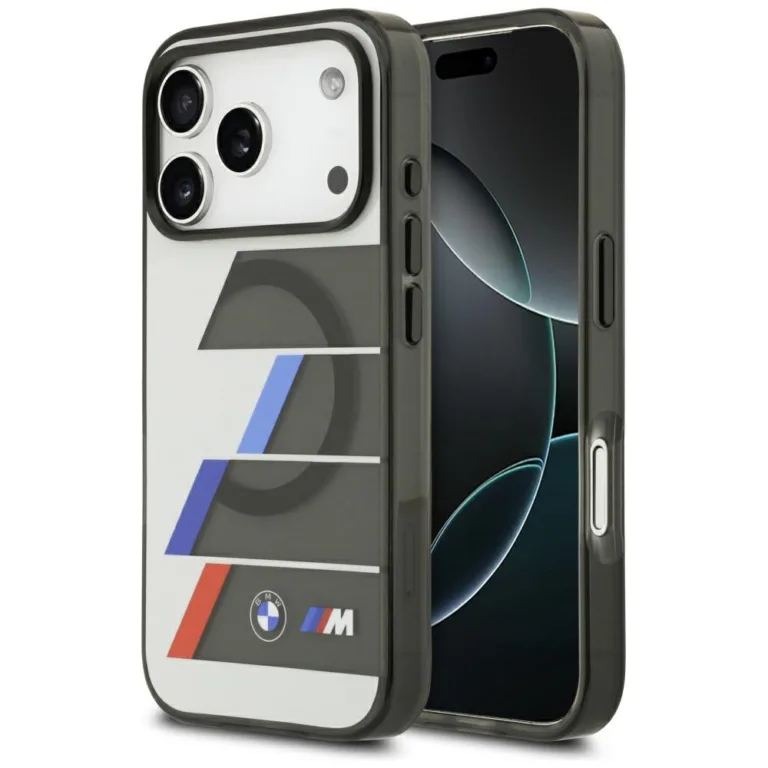 BMW M IML Metal Buttons Tricolor Lines MagSafe tok iPhone 17 Pro Max – szürke