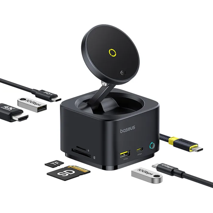 Baseus MagPro Series II 7-az-1-ben USB-C hub – MagSafe-kompatibilis 15W töltéssel + HDMI + USB-A + USB-C + SD/TF – fekete
