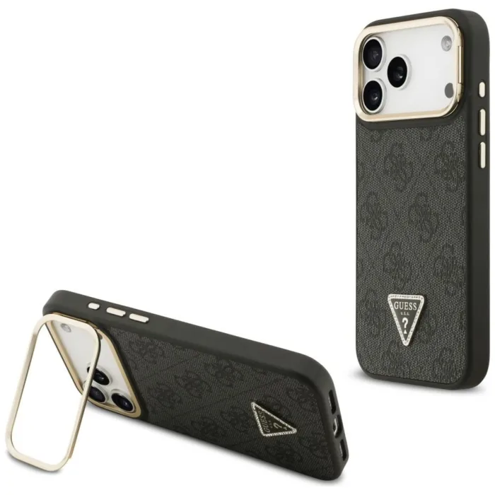 Guess 4G PU Triangle Logo & Stand Camera MagSafe tok iPhone 17 Pro Max – fekete