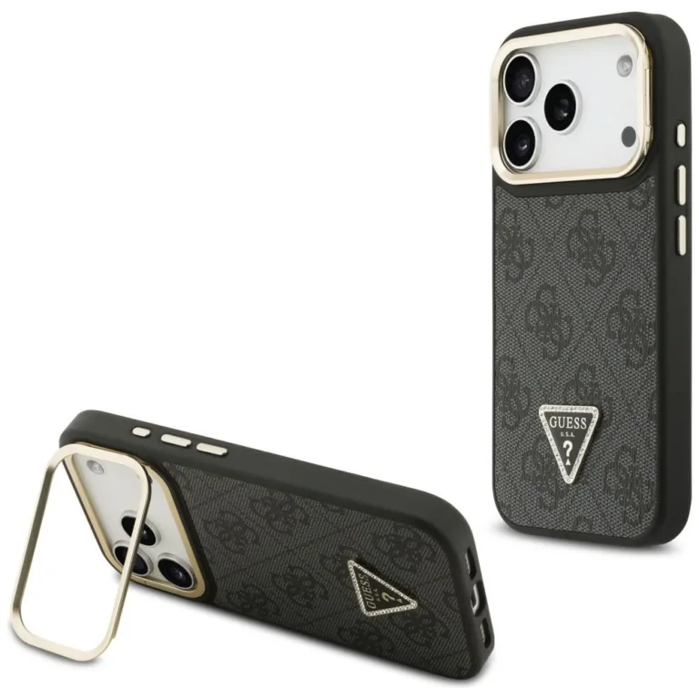 Guess 4G PU Triangle Logo & Stand Camera MagSafe tok iPhone 17 Pro – fekete