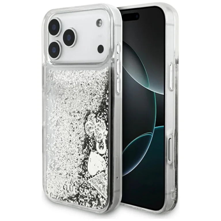 Guess Glitter Charms folyékony tok iPhone 17 Pro Max – ezüst
