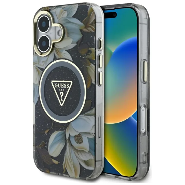 Guess Glitter Flowers Triangle Buttons MagSafe telefontok fekete - iPhone 16