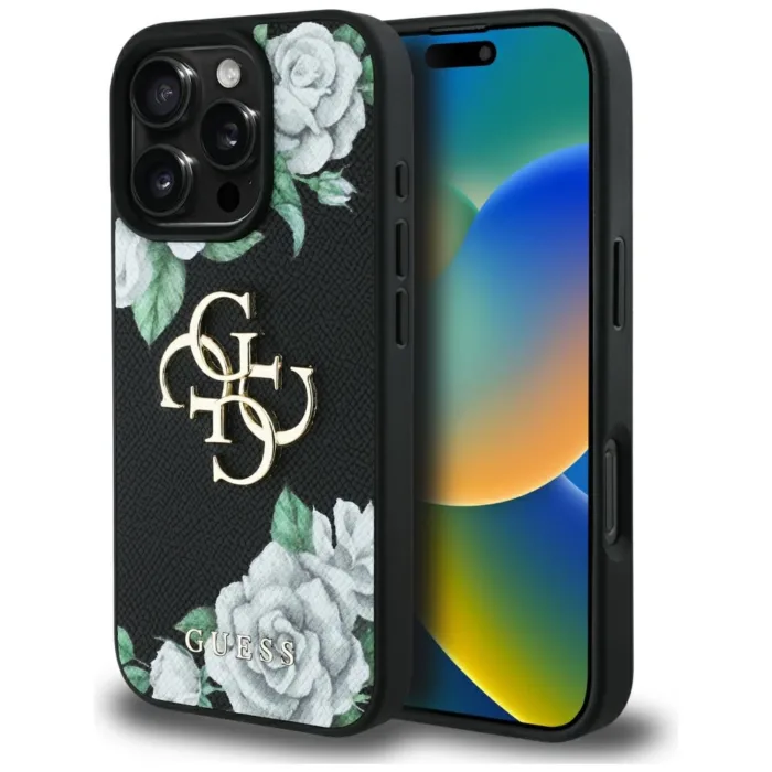 Guess Grained Roses telefontok fekete - iPhone 16 Pro