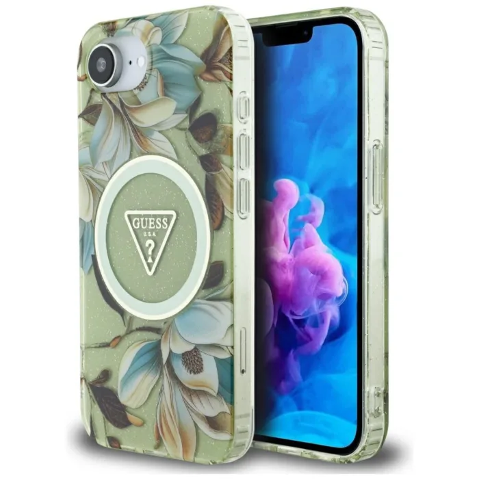 Guess IML Metal Glitter Flowers Triangle telefontok zöld - iPhone 16e