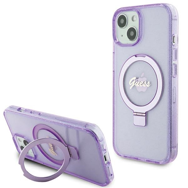 Guess Ring Stand Script Glitter MagSafe telefontok viola - iPhone 15 Plus