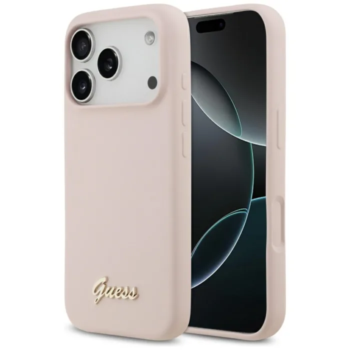 Guess Silicone Script Metal Logo telefontok rózsaszín - iPhone 17 Pro