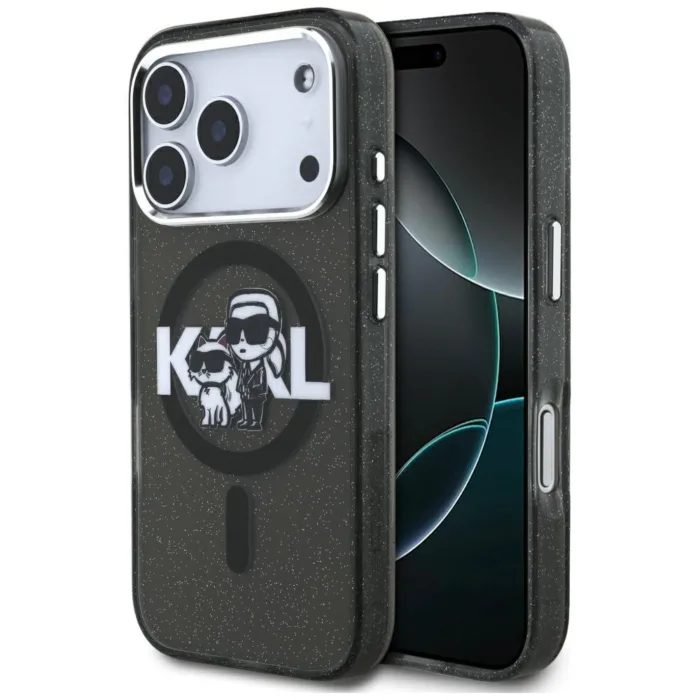 Karl Lagerfeld IML Glitter Karl & Choupette Sketch Logo MagSafe tok iPhone 17 Pro – fekete