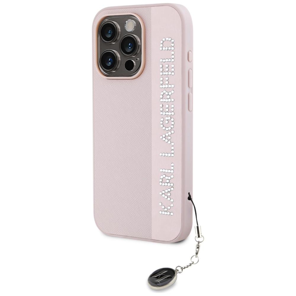 Karl-Lagerfeld-Saffiano-Rhinestones-Charm-telefontok-rozsaszin-iPhone-15-Pro-Max-1