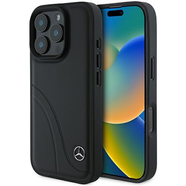Mercedes MB Curved Stitches Leather telefontok fekete - iPhone 16 Pro