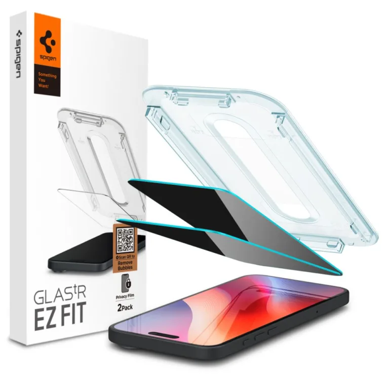 Spigen Glas.tR EZ Fit betekintésgátlós edzett üveg adapterrel – iPhone 15 / 16 (2 db)