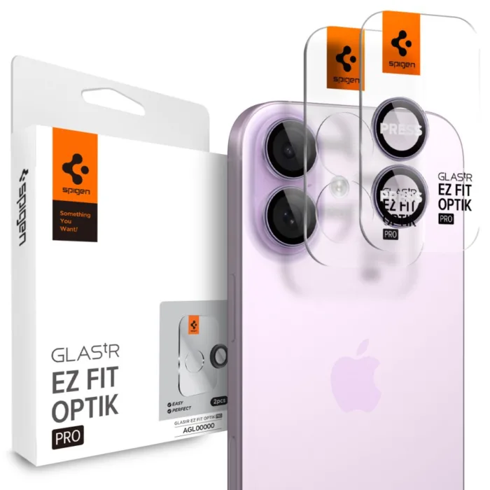 Spigen Optik Pro Glas.tR EZ Fit kamera lencsevédő szett (2 db) – iPhone 16 / 16 Plus / 17 – lila