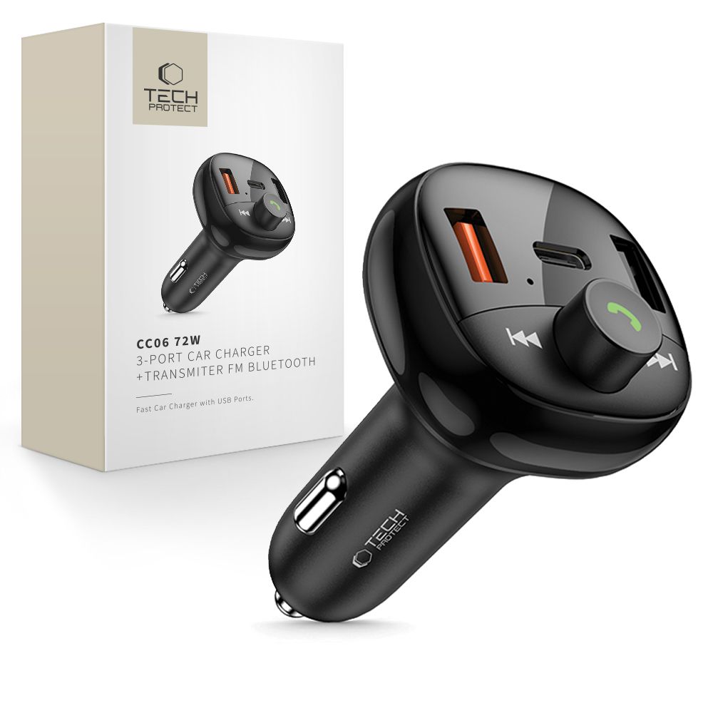 Tech-Protect CC06 3-port autós töltő transmitterrel – fekete Tech-Protect CC06 3-port autós töltő transmitterrel – fekete