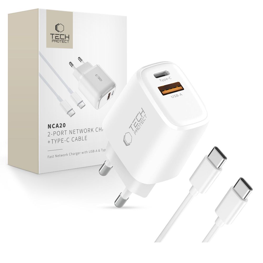 Tech-Protect PD 20W QC3.0 USB-A / USB-C fali töltő + USB-C / USB-C kábel 100 cm – fehér Tech-Protect PD 20W QC3.0 USB-A / USB-C fali töltő + USB-C / USB-C kábel 100 cm – fehér