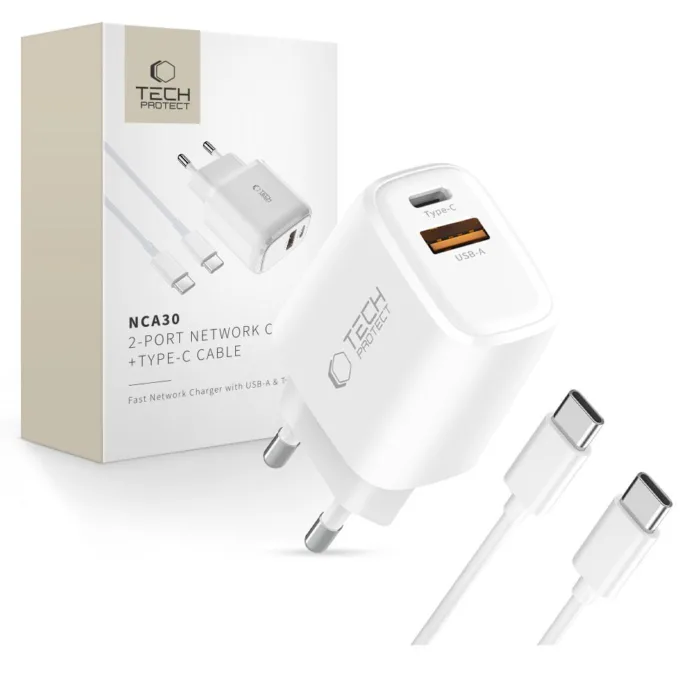 Tech-Protect PD 30W QC3.0 USB-A / USB-C fali töltő + USB-C / USB-C kábel 100 cm – fehér