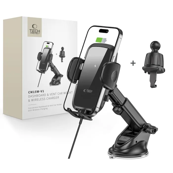 Tech-Protect V1 autós telefontartó 15W induktív töltéssel – műszerfalra / szellőzőrácsra – fekete