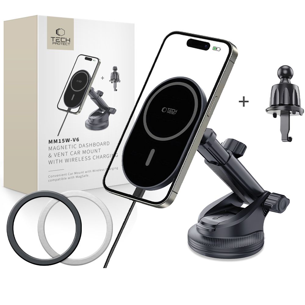 Tech-Protect mm15W V5 MagSafe autós tartó műszerfalra / szélvédőre / szellőzőrácsra – fekete Tech-Protect mm15W V5 MagSafe autós tartó műszerfalra / szélvédőre / szellőzőrácsra – fekete