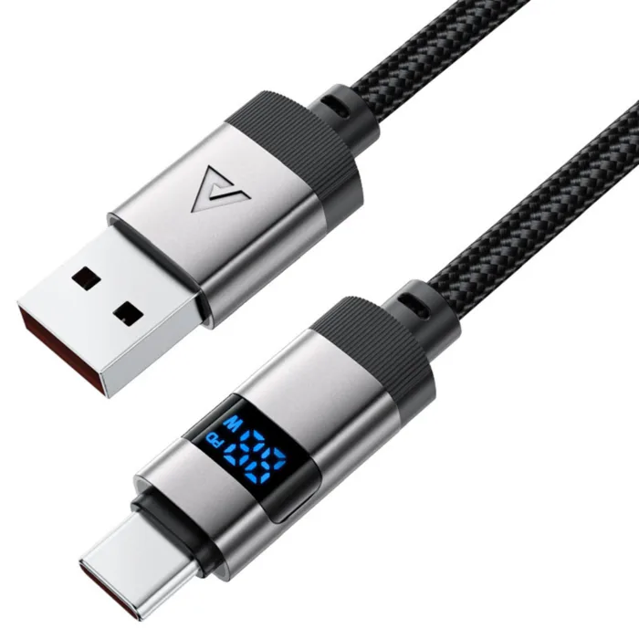 Acefast USB-A–Type-C adatkábel 66W digitális kijelzővel cinkötvözet ház 1.2 m – fekete