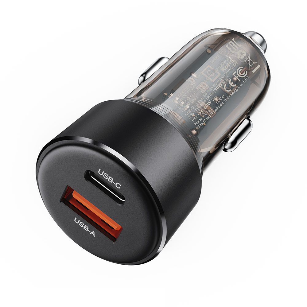 Acefast autós töltő 2 portos USB-C + USB 60W gyorstöltés – fekete Acefast autós töltő 2 portos USB-C + USB 60W gyorstöltés – fekete