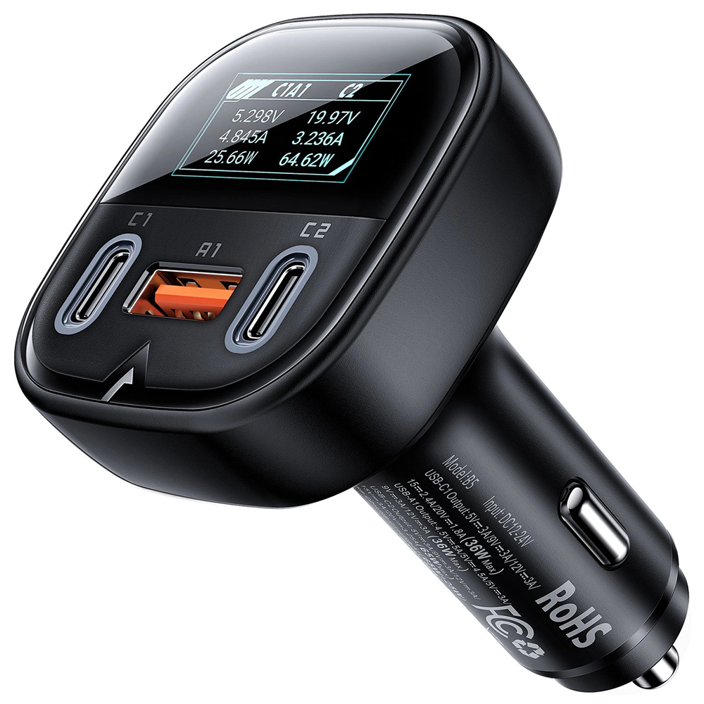 Acefast autós töltő 2× Type-C + USB 101W OLED kijelzővel – fekete