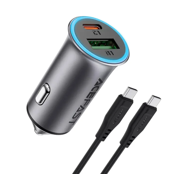 Acefast autós töltő 95W USB + Type-C PD3.0 Type-C kábellel 1.2 m – szürke