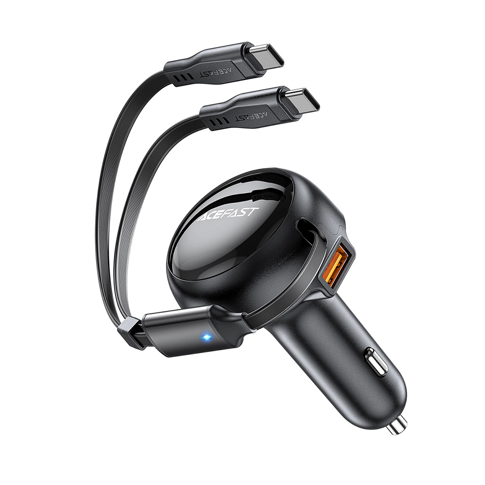 Acefast autós töltő kihúzható kábellel USB + 2× Type-C 53W – fekete