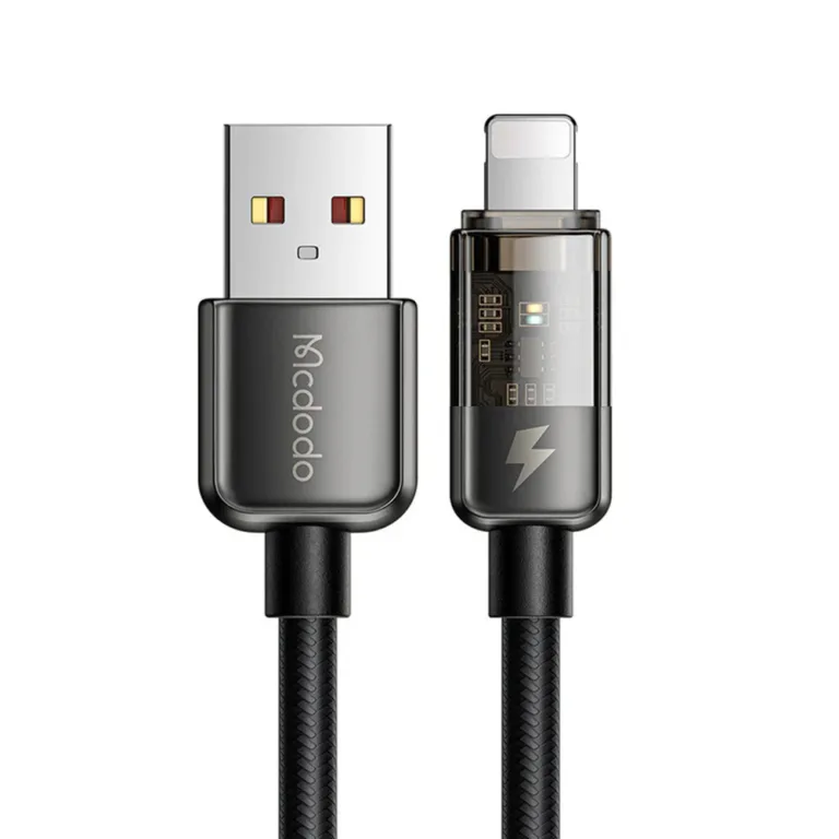 Mcdodo CA-3140 USB-A–Lightning 3A átlátszó adatkábel automatikus kikapcsolással 1.2 m – fekete