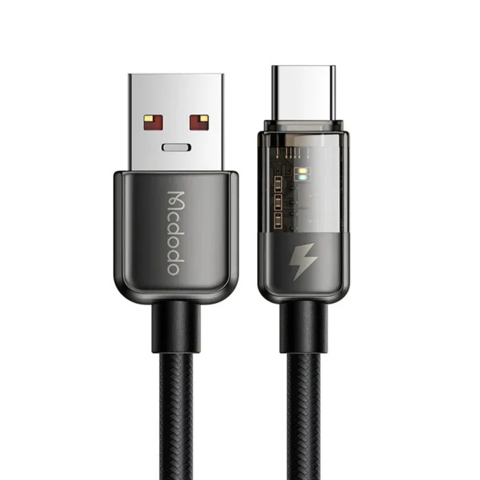Mcdodo CA-3150 USB-A–USB-C 6A átlátszó adatkábel automatikus kikapcsolással 1.2 m – fekete