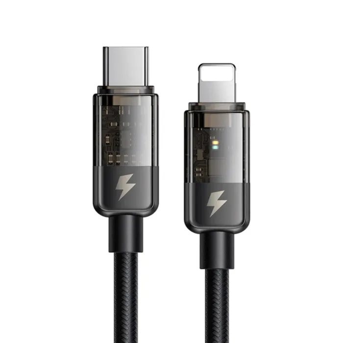 Mcdodo CA-3160 USB-C–Lightning 36W átlátszó adatkábel automatikus kikapcsolással 1.2 m – fekete