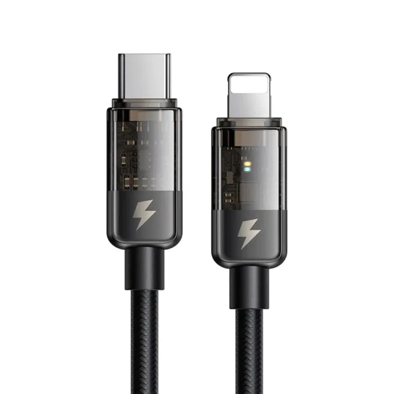 Mcdodo CA-3160 USB-C–Lightning 36W átlátszó adatkábel automatikus kikapcsolással 1.2 m – fekete
