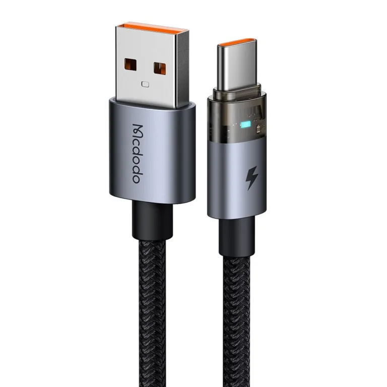 Mcdodo CA-6890 USB-C–USB-A 6A átlátszó adatkábel töltésjelző fénnyel 1.2 m – fekete