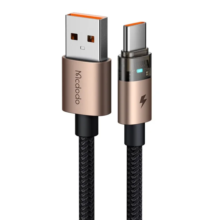 Mcdodo CA-6891 USB-C–USB-A 6A átlátszó adatkábel töltésjelző fénnyel 1.2 m – arany