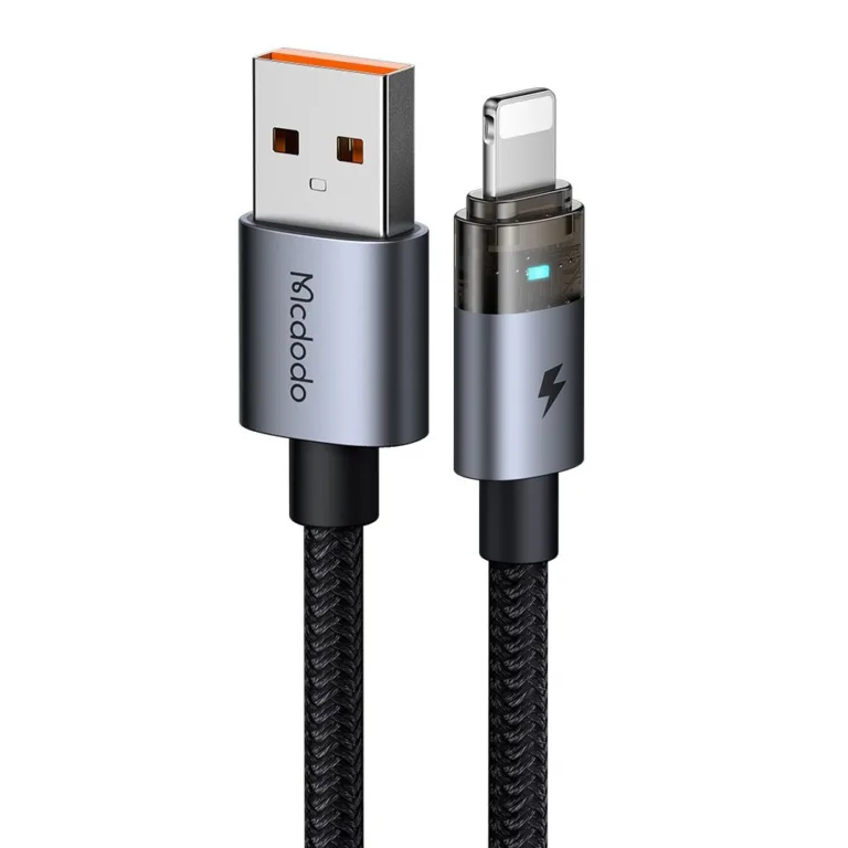 Mcdodo CA-6910 USB-A–Lightning 3A átlátszó adatkábel töltésjelző fénnyel 1.2 m – fekete