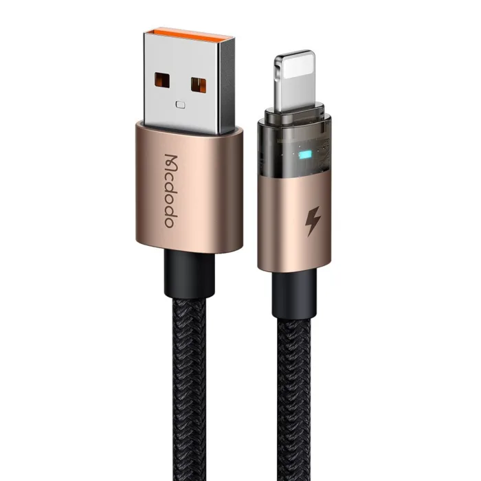 Mcdodo CA-6911 USB-A–Lightning 3A átlátszó adatkábel töltésjelző fénnyel 1.2 m – arany