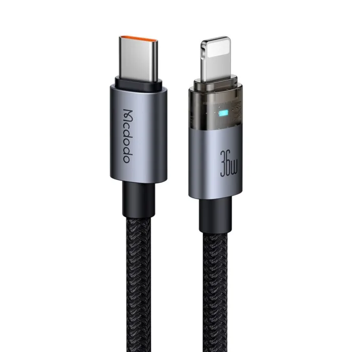 Mcdodo CA-6940 USB-C–Lightning 36W átlátszó adatkábel töltésjelző fénnyel 1.2 m – fekete