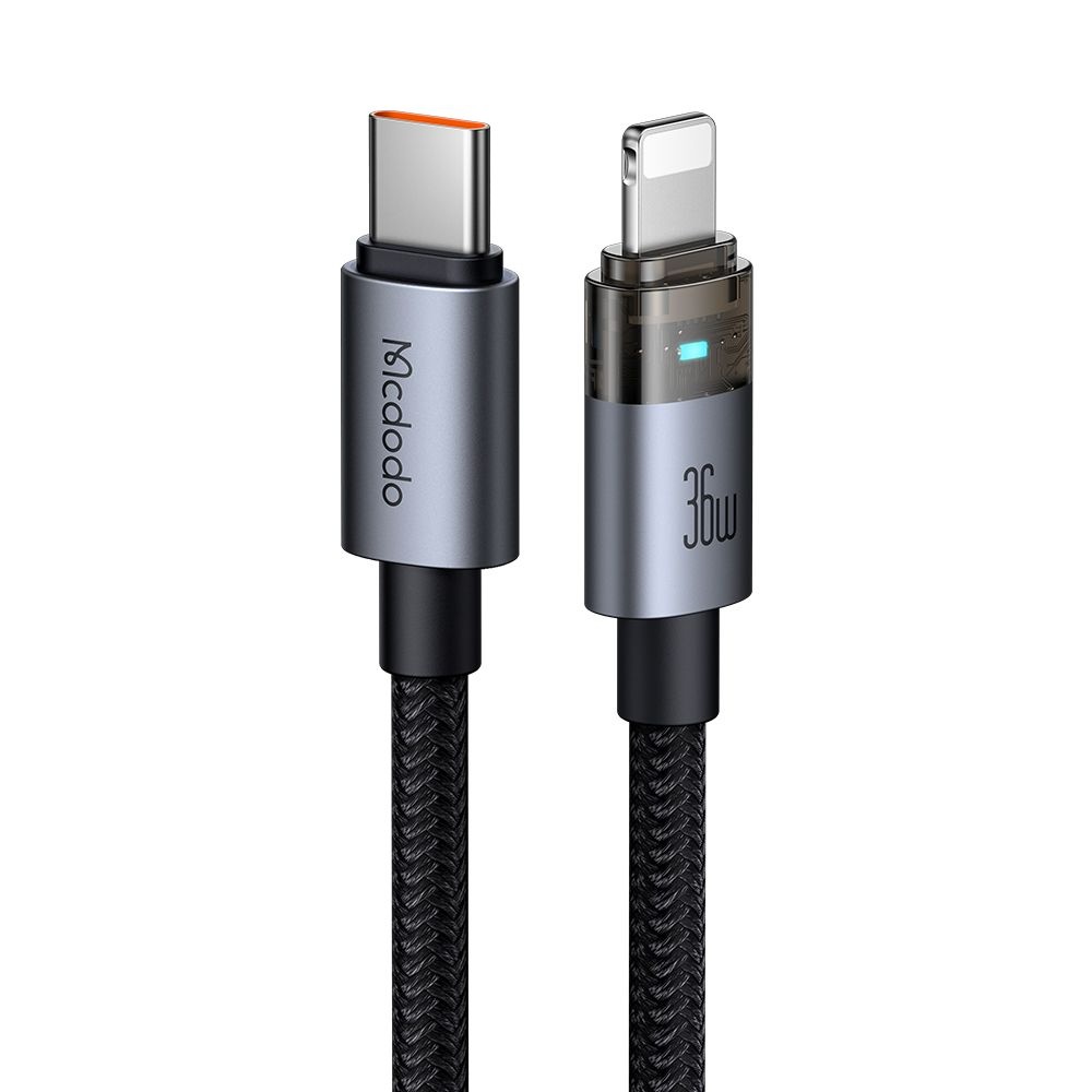 Mcdodo CA-6940 USB-C–Lightning 36W átlátszó adatkábel töltésjelző fénnyel 1.2 m – fekete Mcdodo CA-6940 USB-C–Lightning 36W átlátszó adatkábel töltésjelző fénnyel 1.2 m – fekete