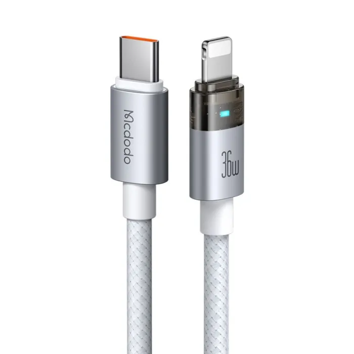 Mcdodo CA-6942 USB-C–Lightning 36W átlátszó adatkábel töltésjelző fénnyel 1.2 m – fehér