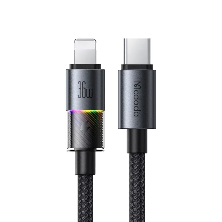 Mcdodo CA-8190 USB-C–Lightning 36W adatkábel 7 színű világítással 1.2 m – fekete