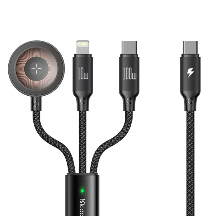 Mcdodo O Series CA-4940 3 az 1-ben USB-C–Lightning / USB-C / Apple Watch töltő kábel 100W 1.2 m – fekete